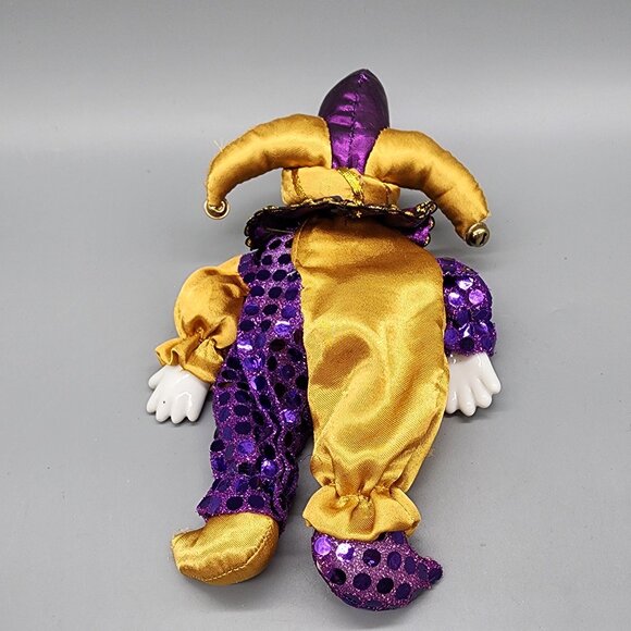 Vintage Porcelain Clown Doll Jester Mardi Gras Harlequin 8" Purple Gold - Picture 4 of 6